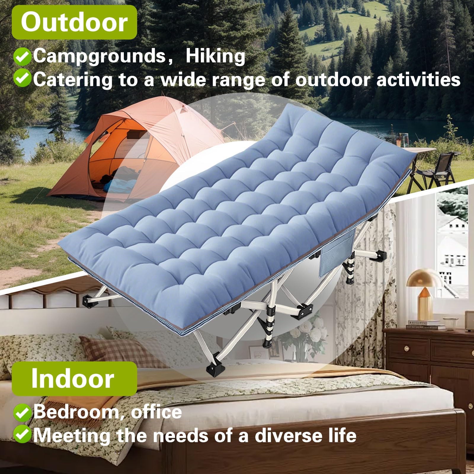Faysore XXL camping cot is versatile for camping, office naps, and guests.