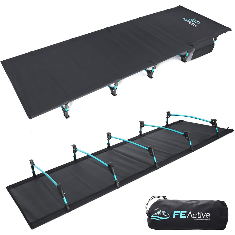 FE Active folding camping cot in its carry bag for easy transport.