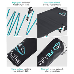 FE Active cot with attached side pocket keeps essentials handy.