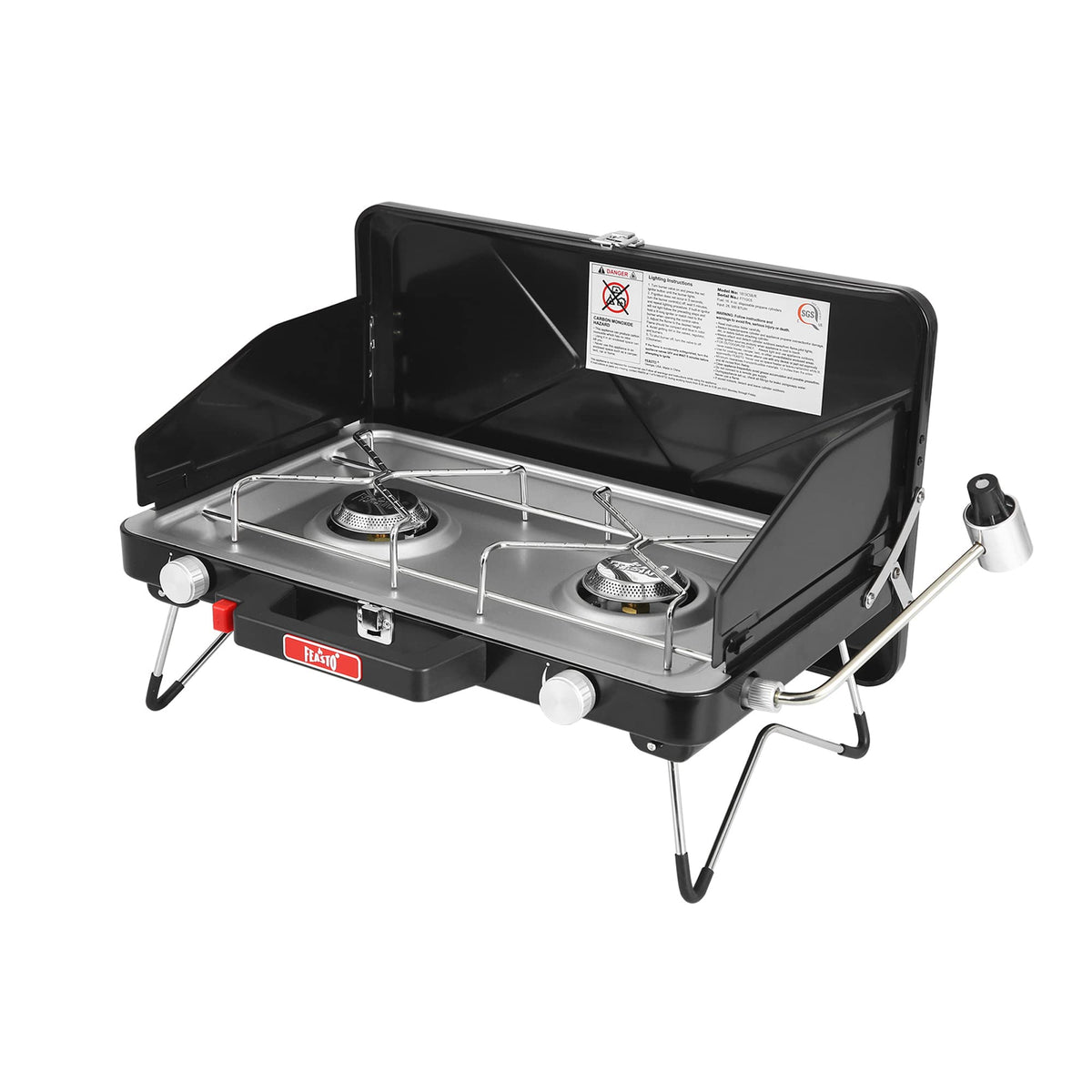 Feasto 2-Burner propane stove with folding legs for easy transport during camping.