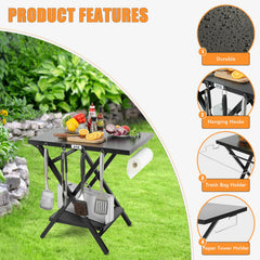 Feasto folding grill table trash and paper towel holder for easy cleanup.