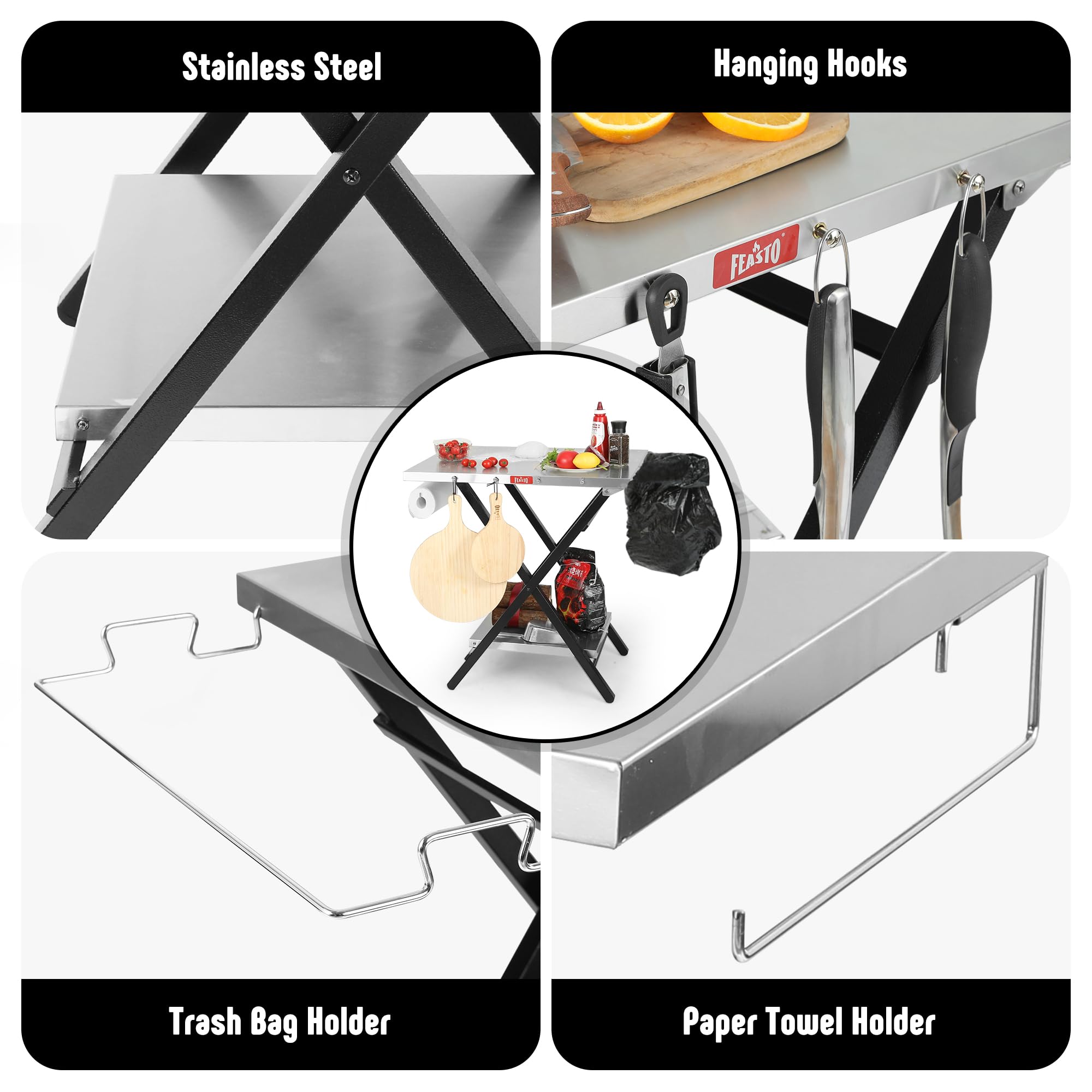 Feasto grill table bottom storage shelf provides extra space for condiments and drinks