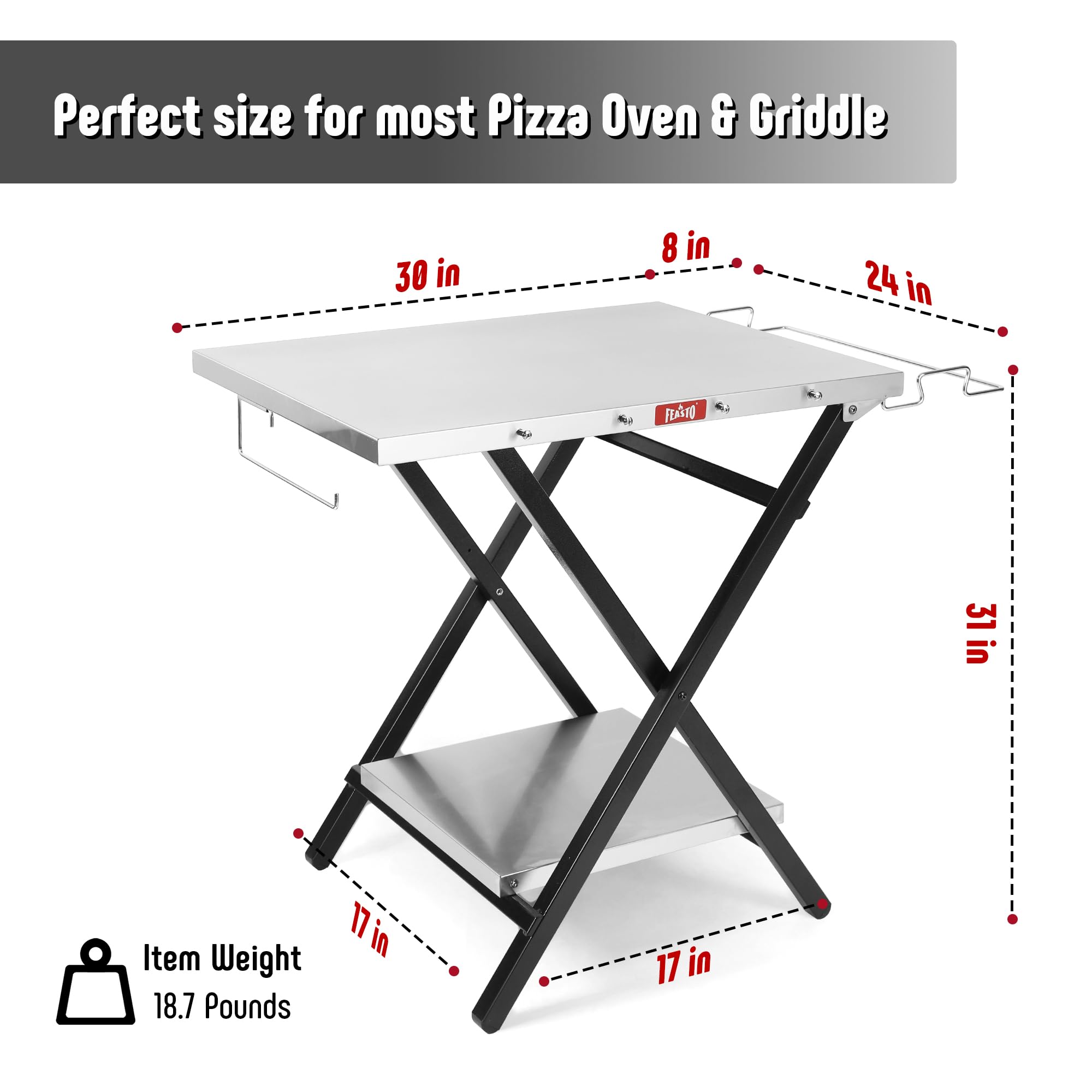 Feasto grill table with garage rack and tissue holder keeps tools organized outdoors