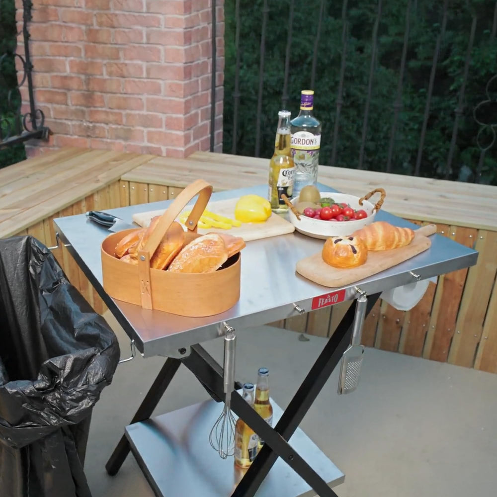 Feasto outdoor grill table pizza-oven-stand designed for portable cooking setups