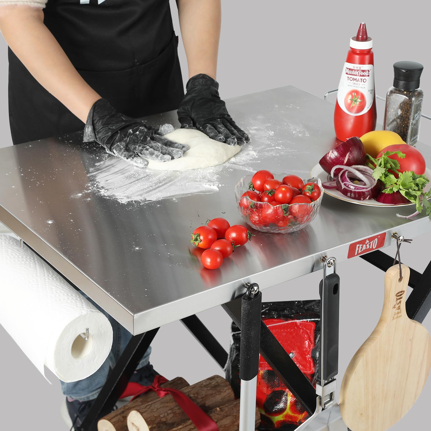 Feasto outdoor grill table supports weight up to 70 pounds for cooking gear