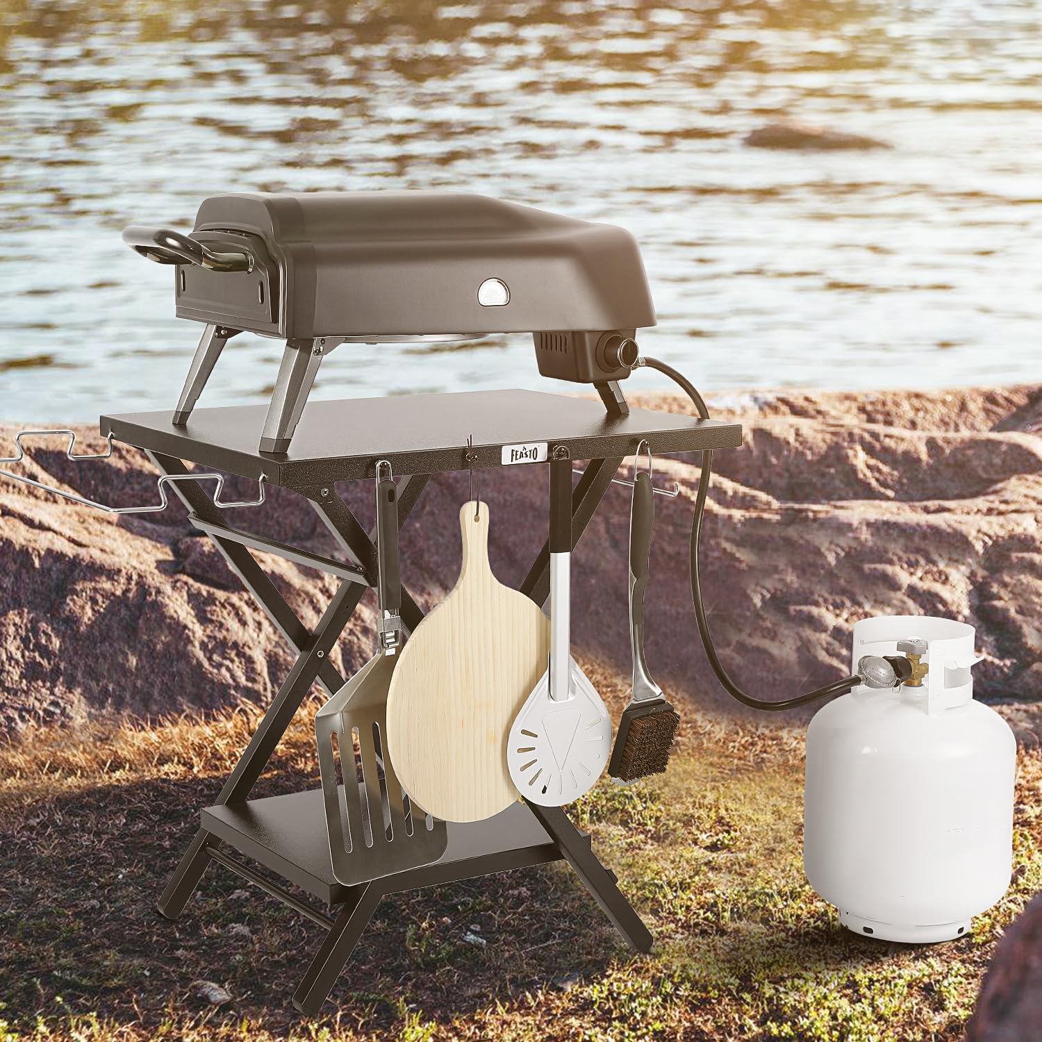 Feasto pizza oven stand for outdoor use with stable support.