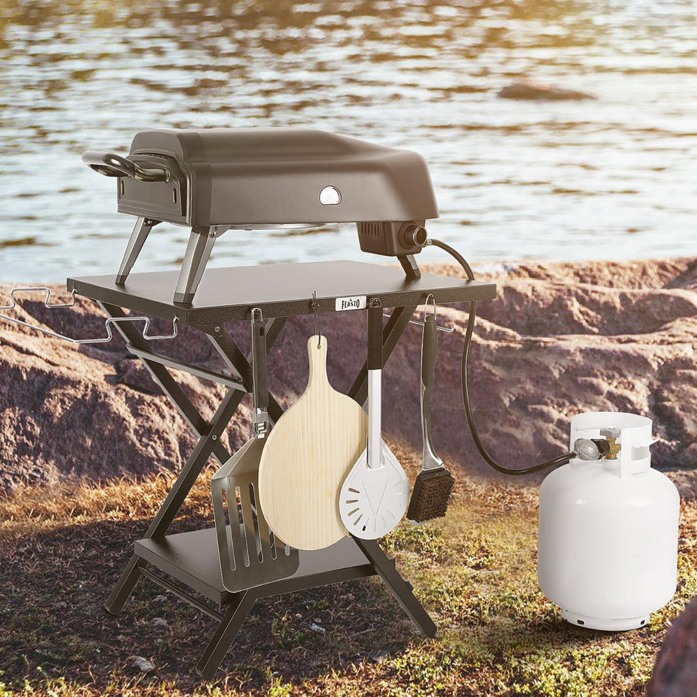 Feasto pizza oven stand for outdoor use with stable support.