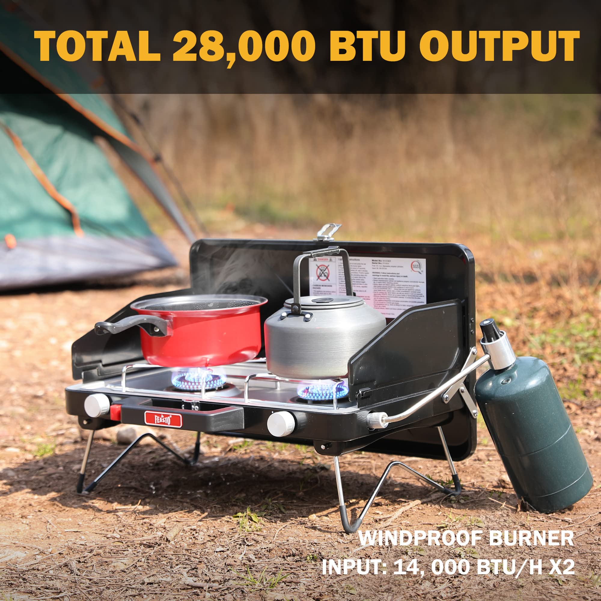 Feasto portable stove with handle for easy carrying between spots.