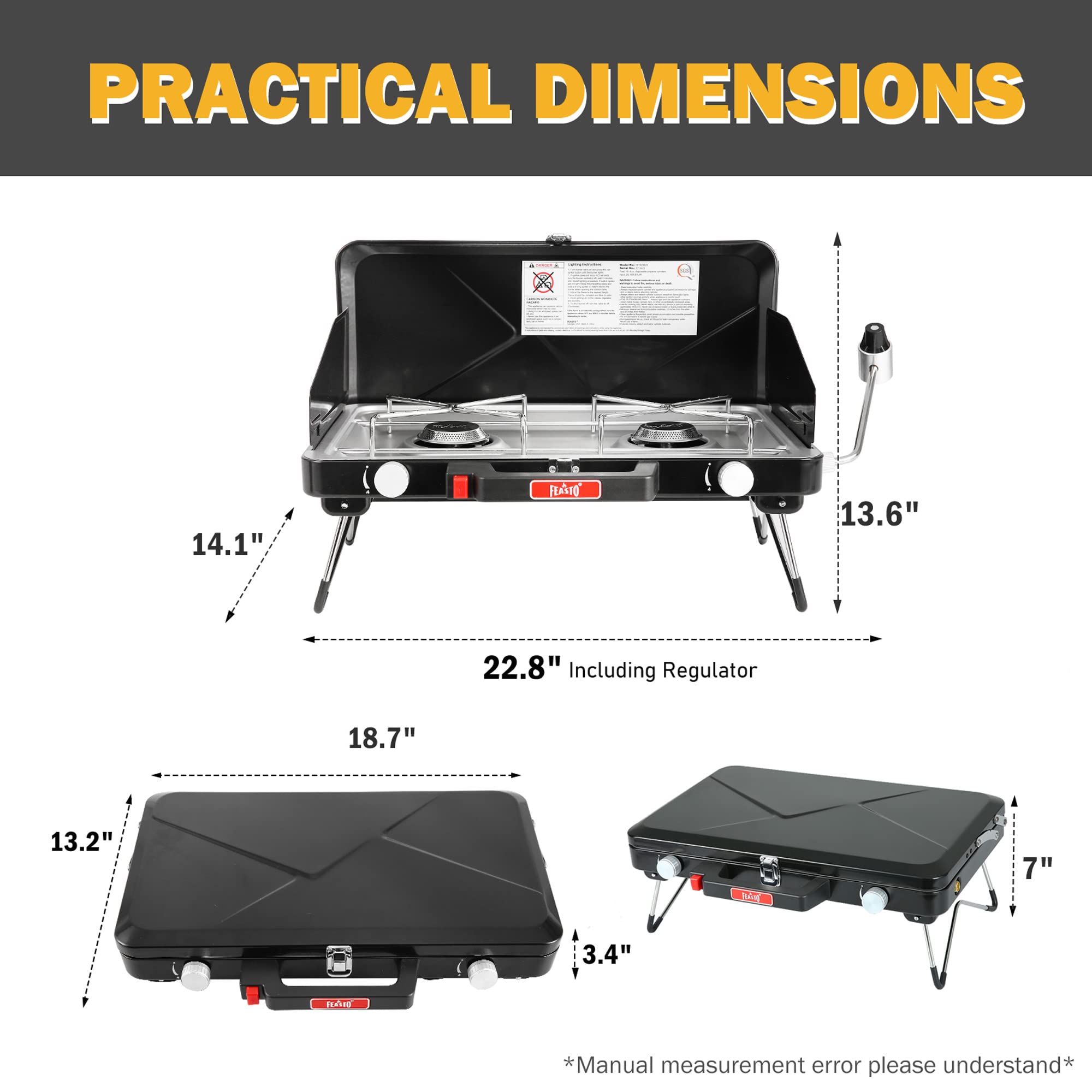 Feasto propane stove with push-button ignition for quick outdoor lighting.
