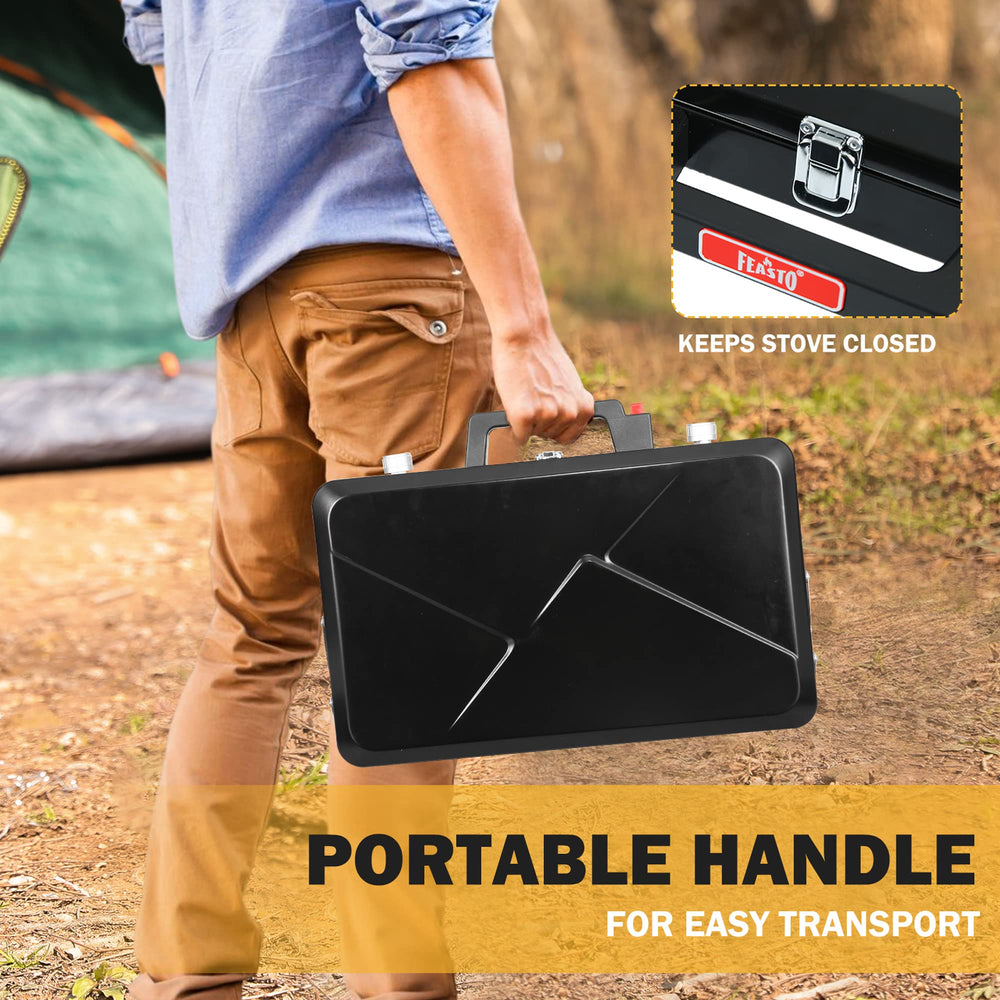 Feasto black outdoor stove suitable for grilling and heating.