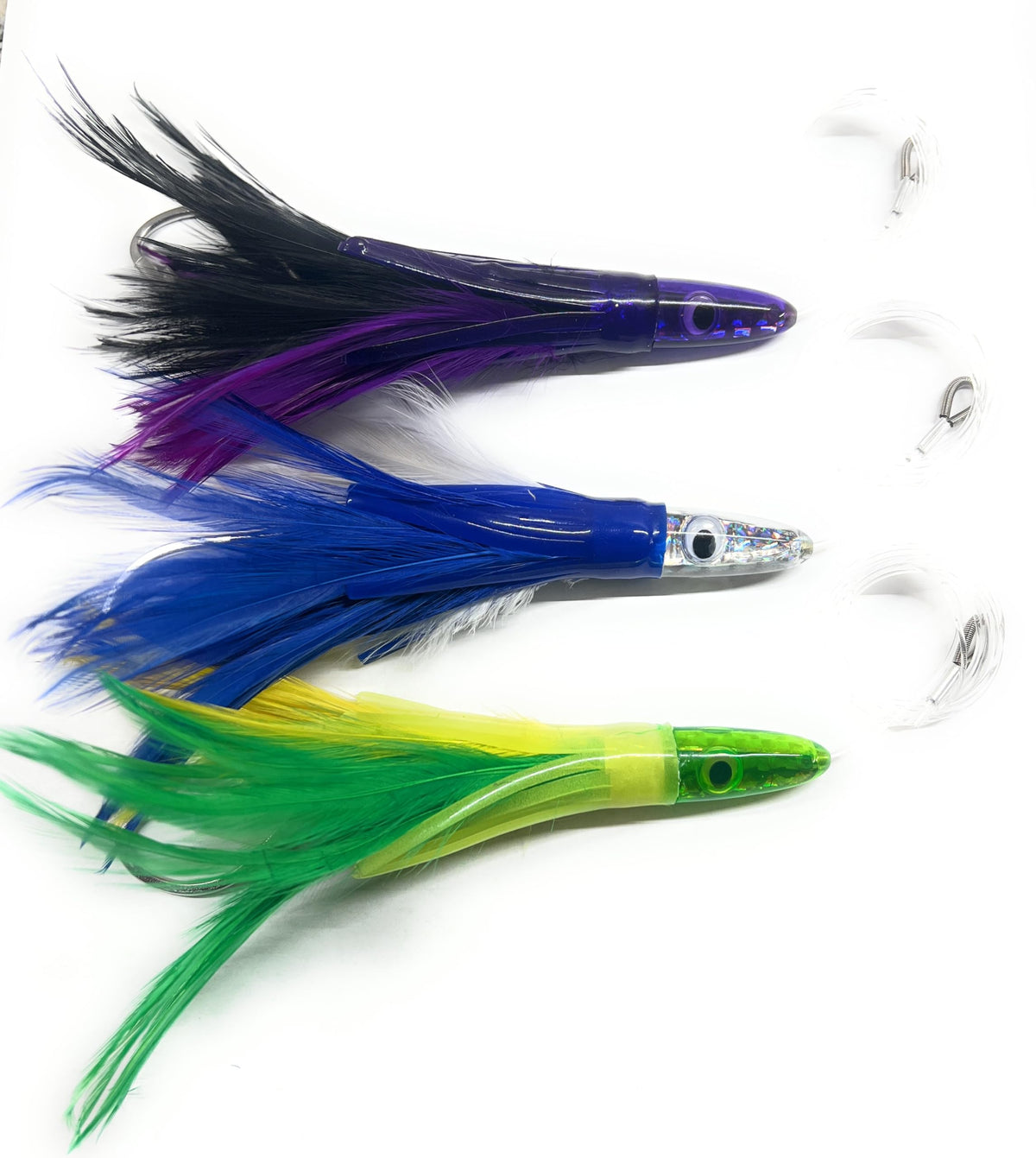 Three-piece tuna feather offshore trolling lures ready to fish