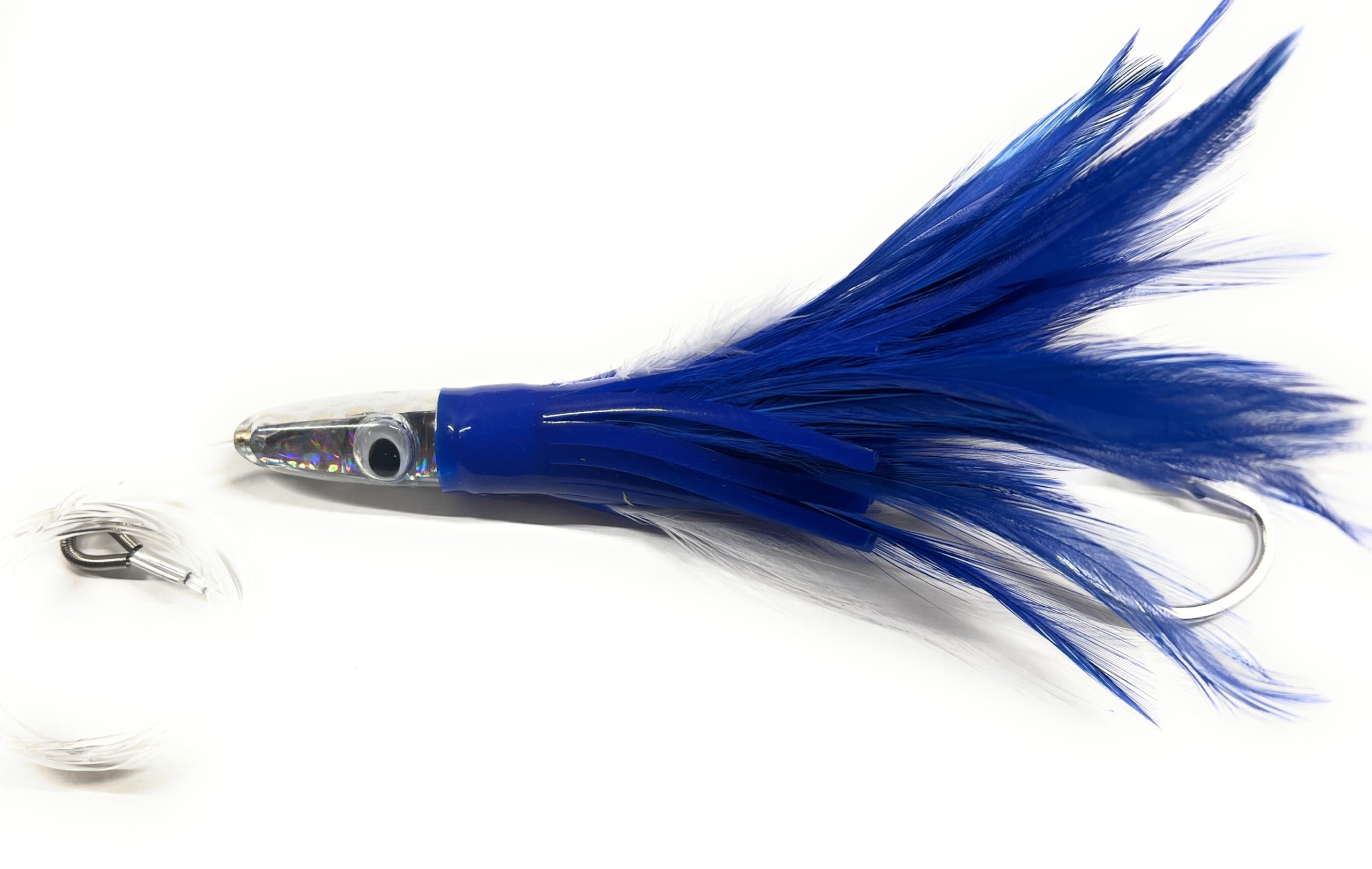 Tuna feather offshore lures in black/purple, green/yellow, and blue/white