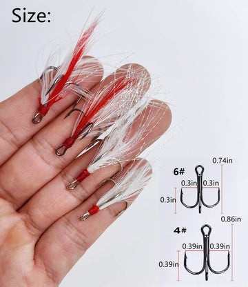 Close-up feathered treble hook red and white size 4/6