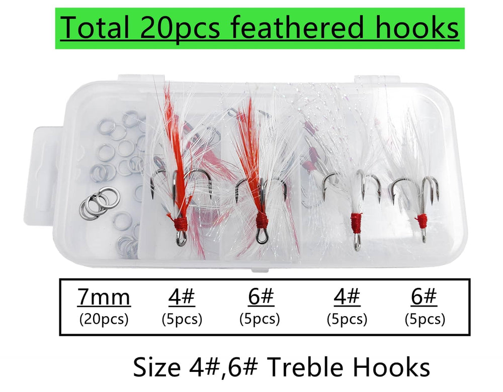 Box of 20 feathered treble hooks with 20 split rings