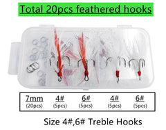 Box of 20 feathered treble hooks with 20 split rings