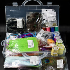 Feathers Fur and Crystal Flash Fly Tying Starter Kit contents laid out