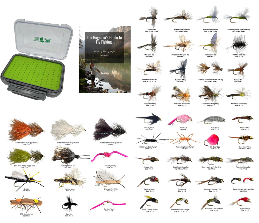 Feeder Creek 120 flies pack shown for versatile trout and bass fishing opportunities