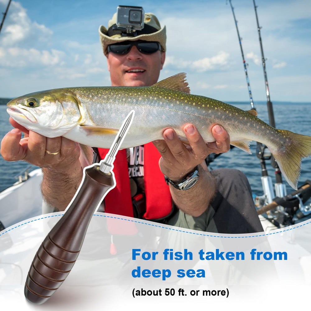Fisherman using Feekoon venting tool on a deep-sea saltwater trip