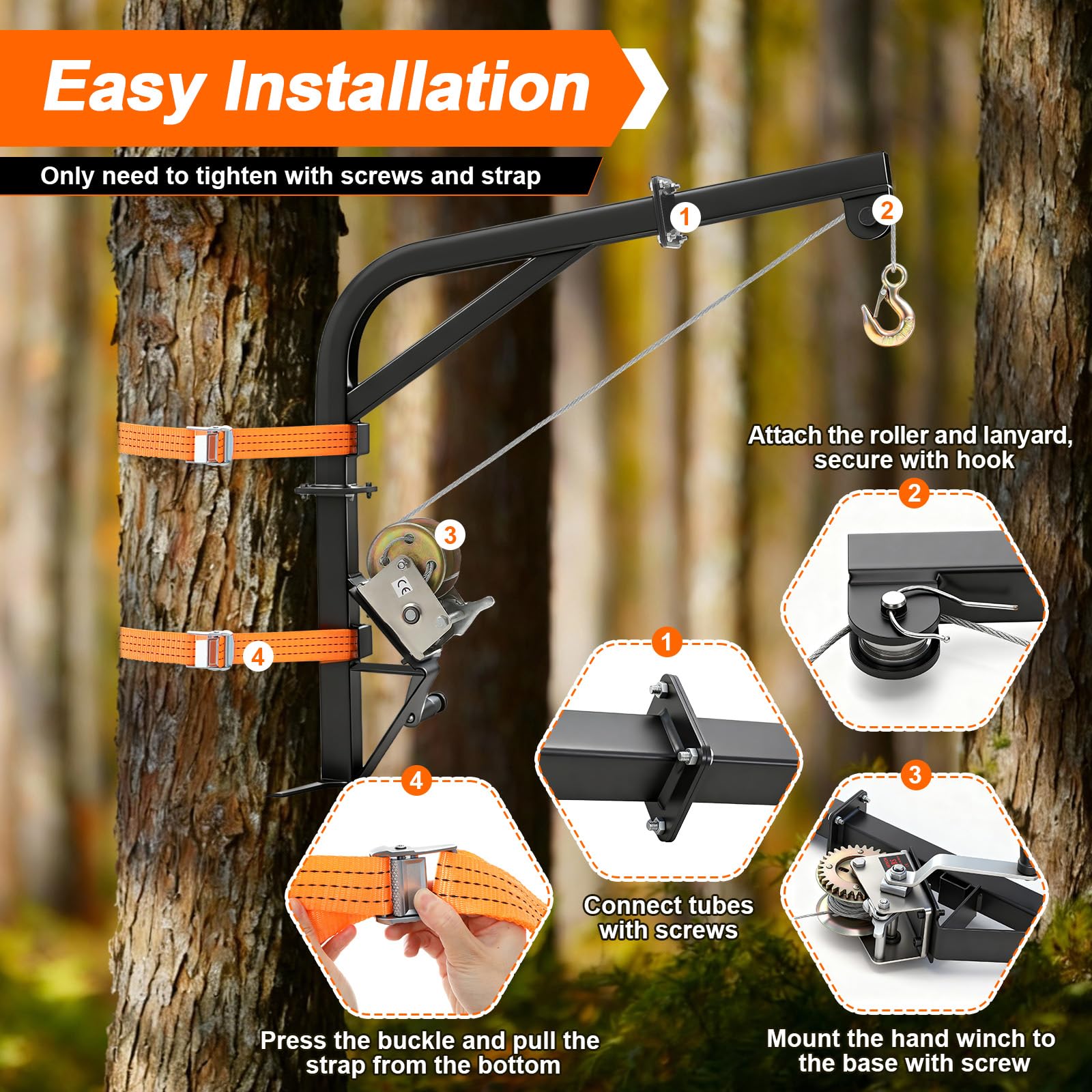 Feekoon deer hoist in-field dressing setup shows lifting and skinning workflow.