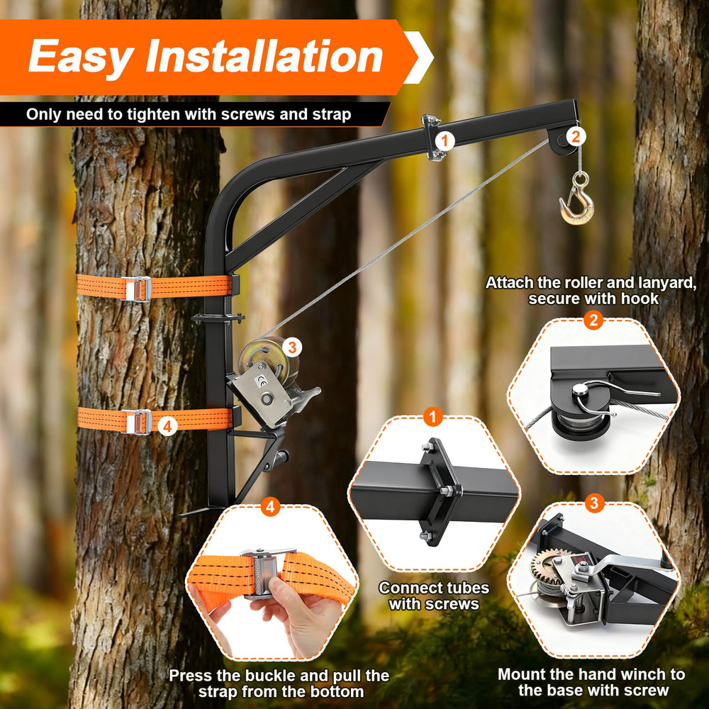 Feekoon deer hoist in-field dressing setup shows lifting and skinning workflow.