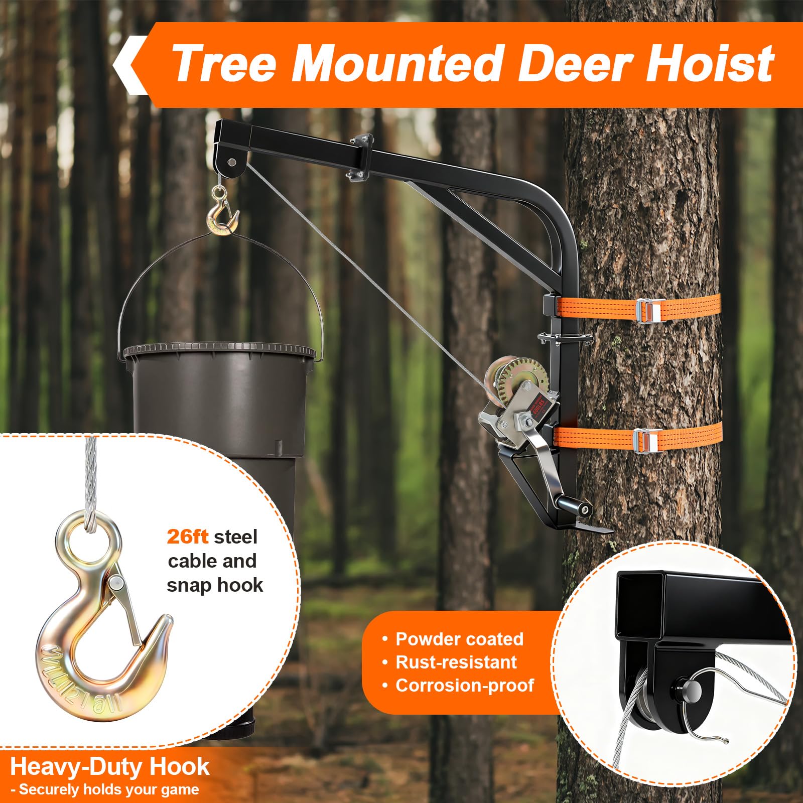 Feekoon deer hoist rust-resistant black finish resists weather for lasting outdoor use.