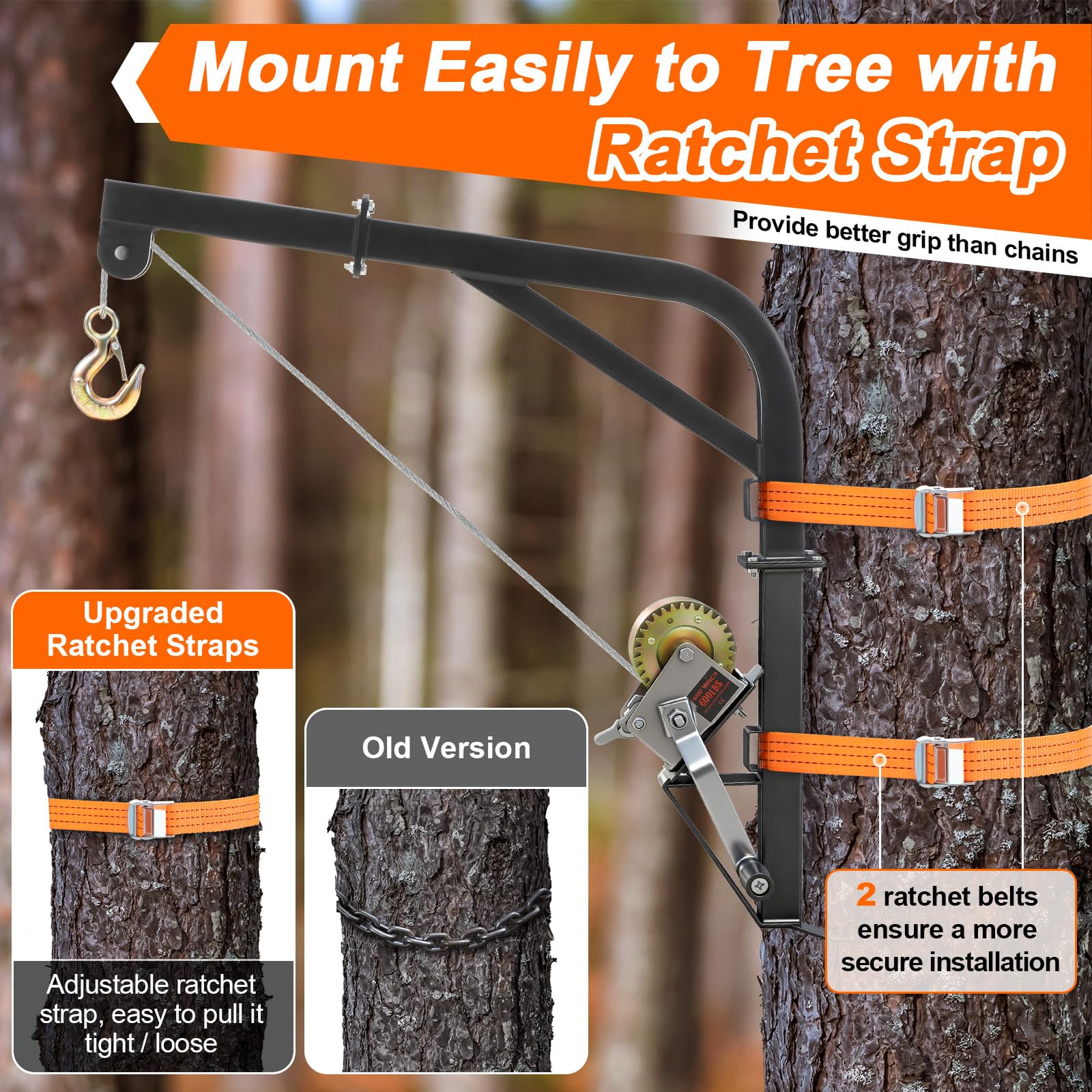 Feekoon deer hoist snap hook and ratchet straps provide secure, adjustable tree grip.
