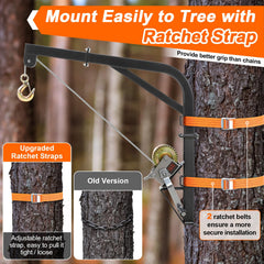 Feekoon deer hoist snap hook and ratchet straps provide secure, adjustable tree grip.