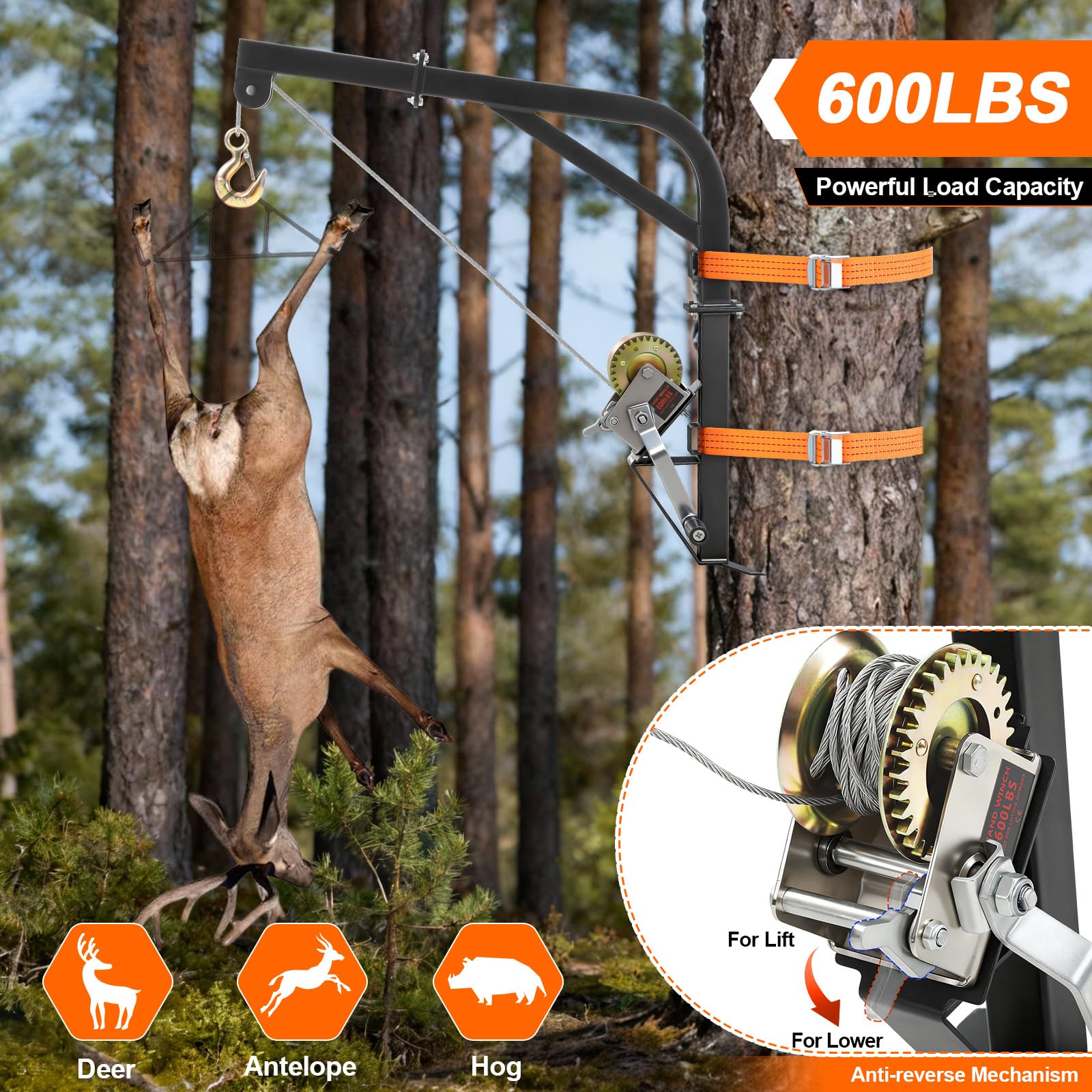 Feekoon deer hoist steel cable highlights strong lift capacity and reliable performance.