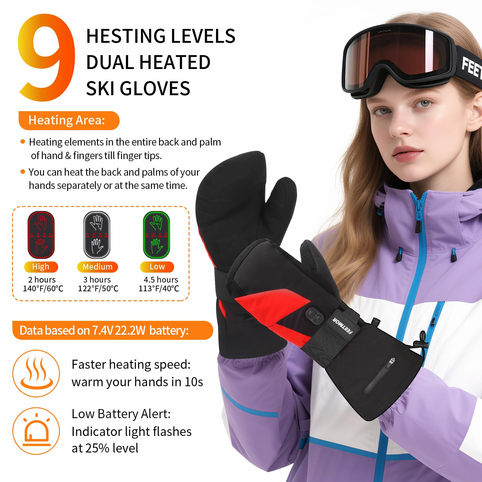 FEETMOR heated gloves battery-upgrade powers faster heat for longer sessions on the slopes.