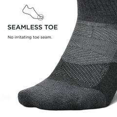Feetures Trail Max Cushion mini quarter sock with 2-inch cuff for ankle protection.