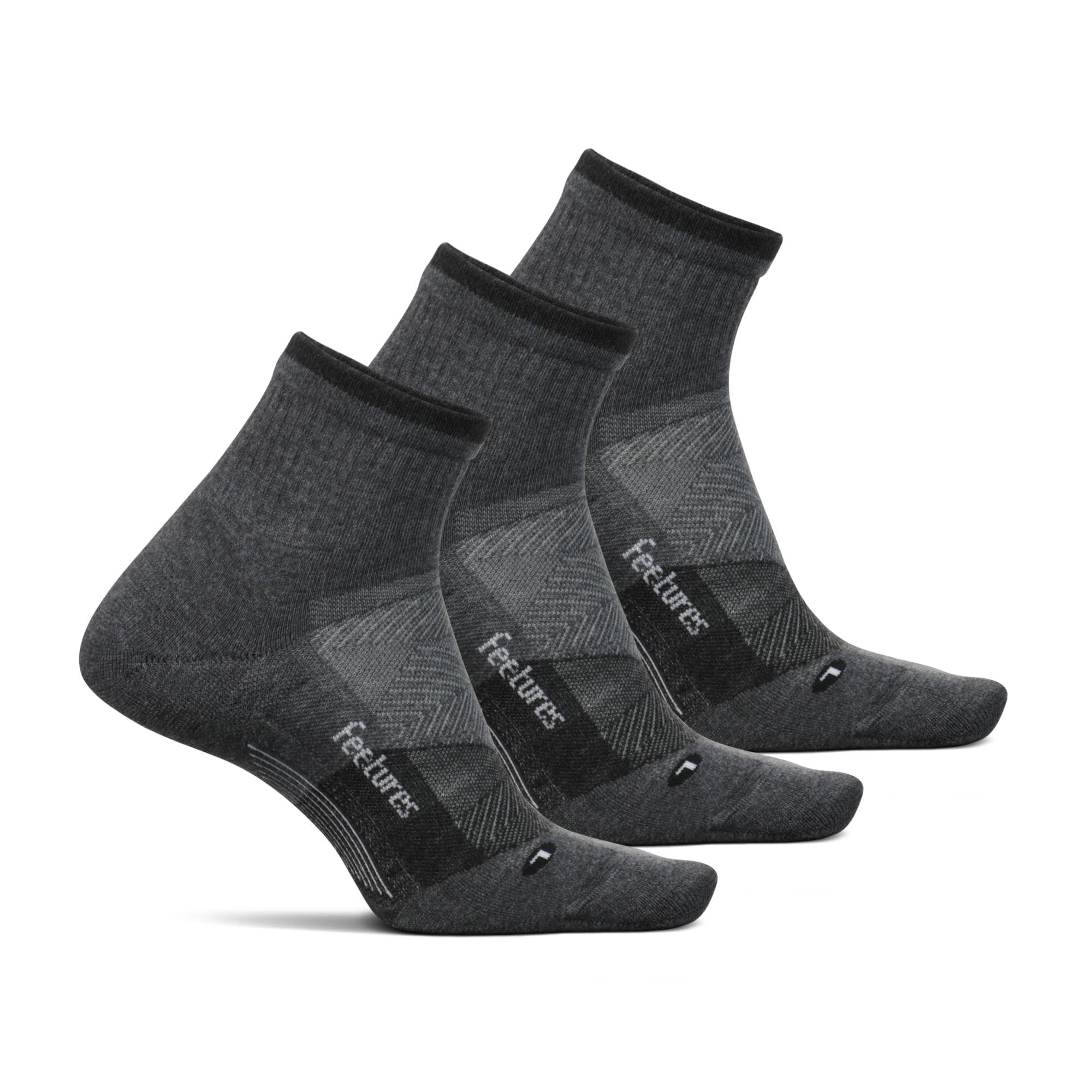 Feetures Trail Max Cushion mini quarter sock gray, reinforced zones for durable trail wear.