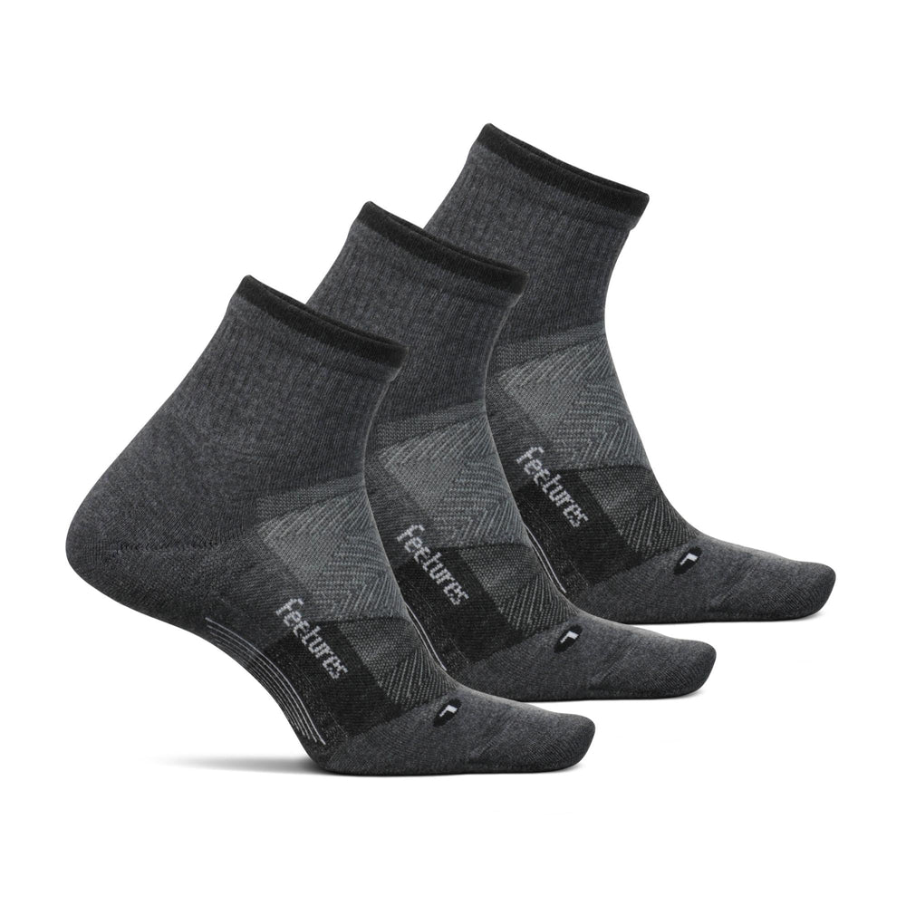 Feetures Trail Max Cushion mini quarter sock gray, reinforced zones for durable trail wear.