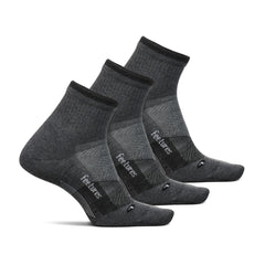Feetures Trail Max Cushion mini quarter sock gray, reinforced zones for durable trail wear.