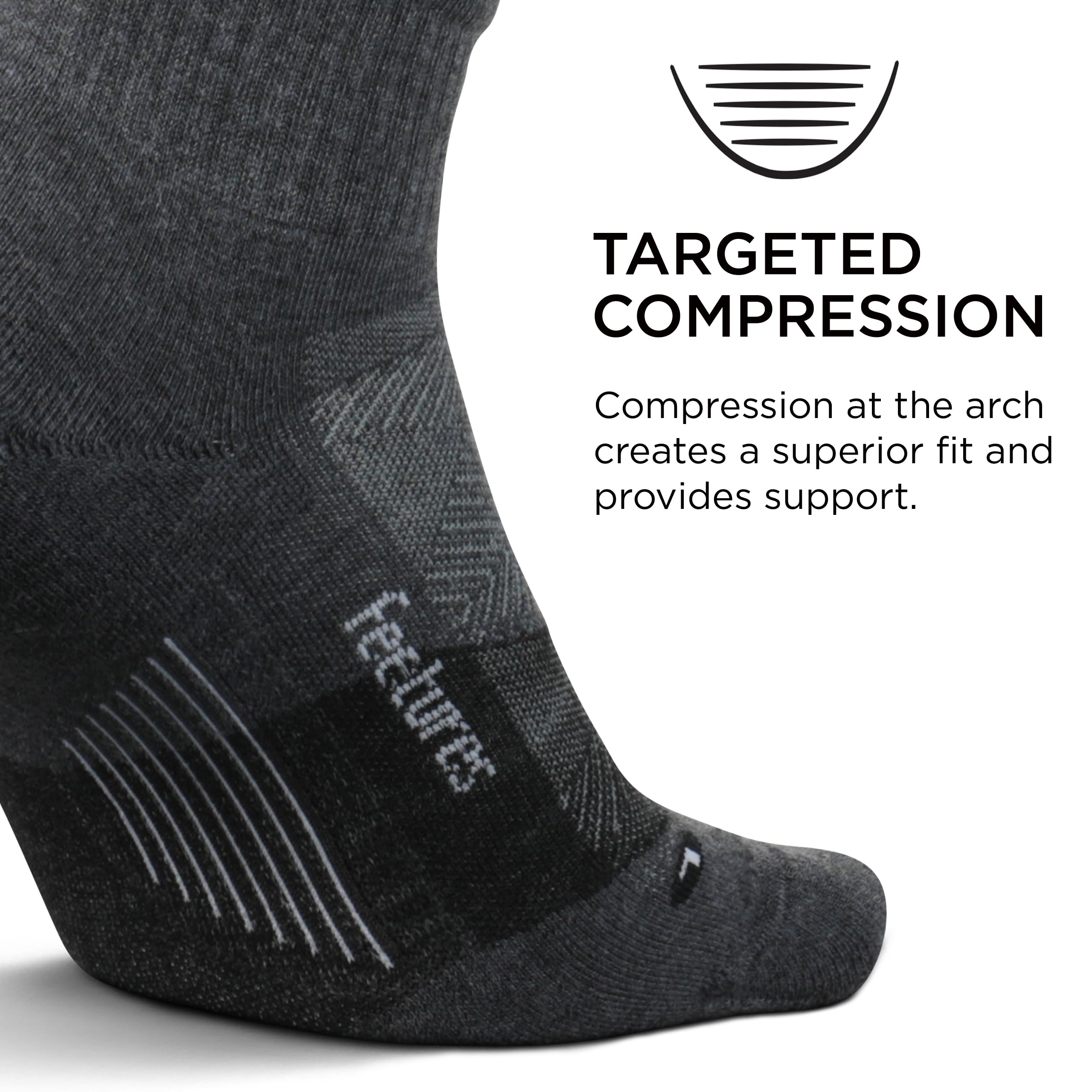 Feetures Trail Max Cushion mini quarter sock gray, anatomical fit for long hikes.