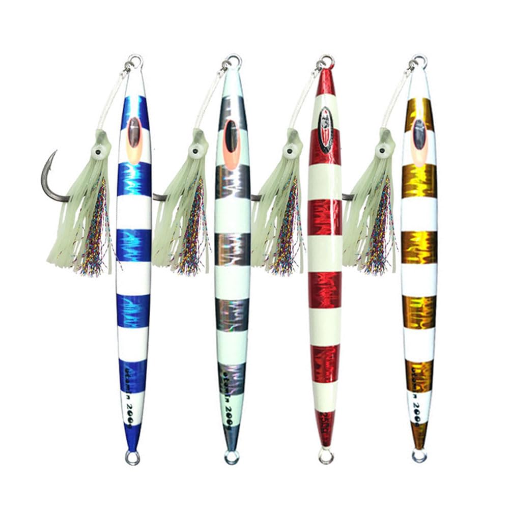 Feianoto slow metal jig closeup glow-eyes, boosting visibility in dark water for predatory targeting.