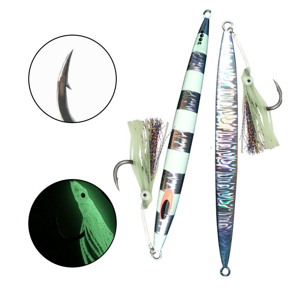 Feianoto glow-squid on hook illustrates bright attractant for night or murky water.