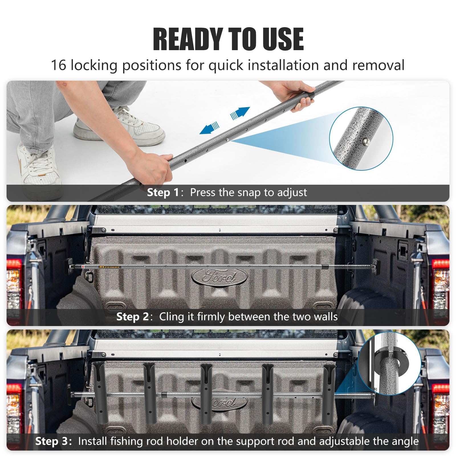 Tool-free quick setup action demonstrated on FEIMIRE rod holder
