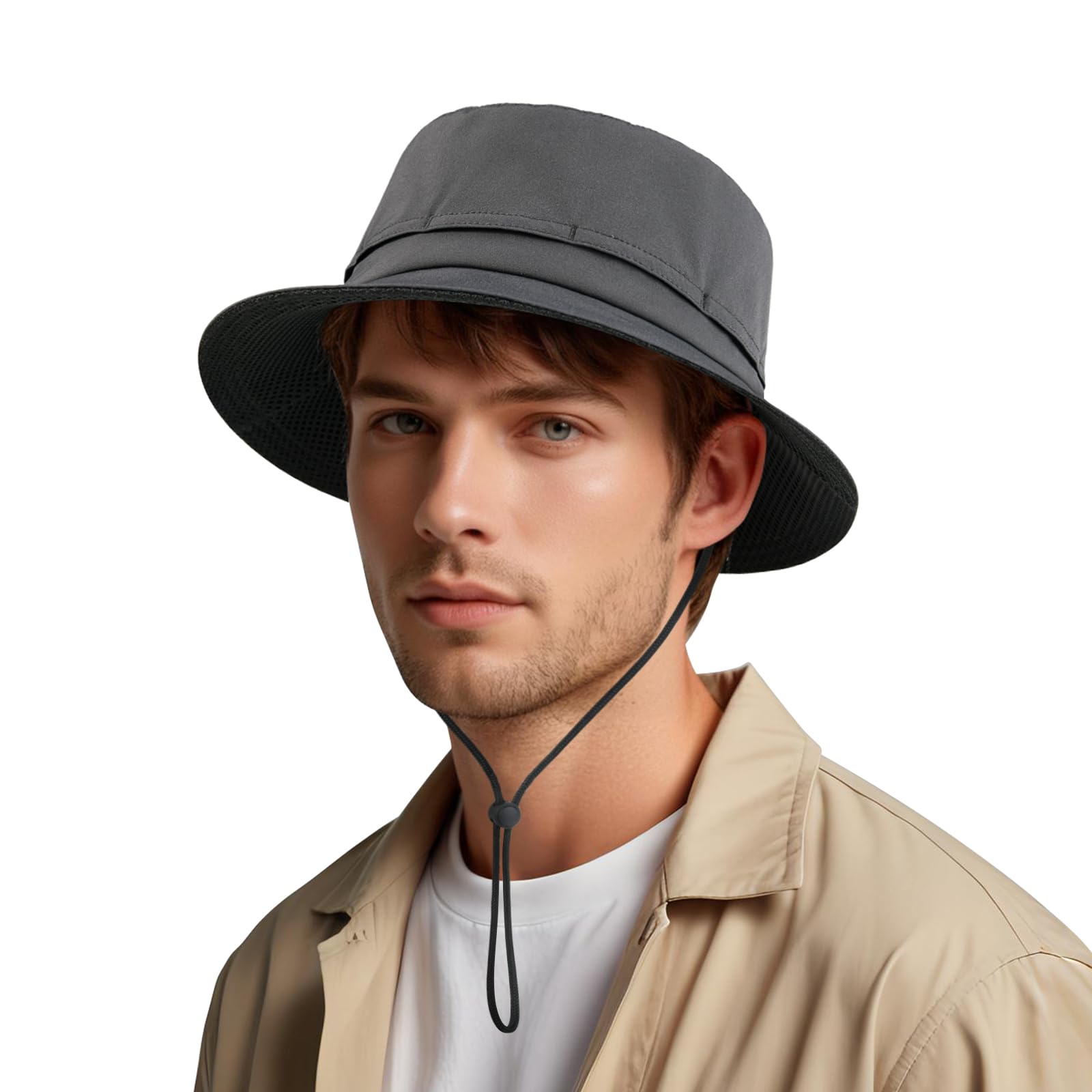 FEINION dark grey bucket hat - side view with elastic drawstring