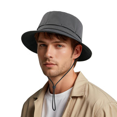 FEINION dark grey bucket hat - side view with elastic drawstring