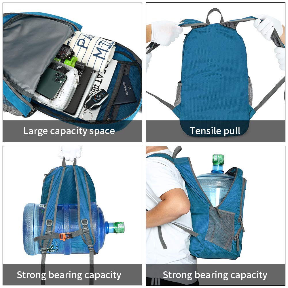 FENGDONG 35L backpack collapsible design fitting into its own pocket for easy storage.