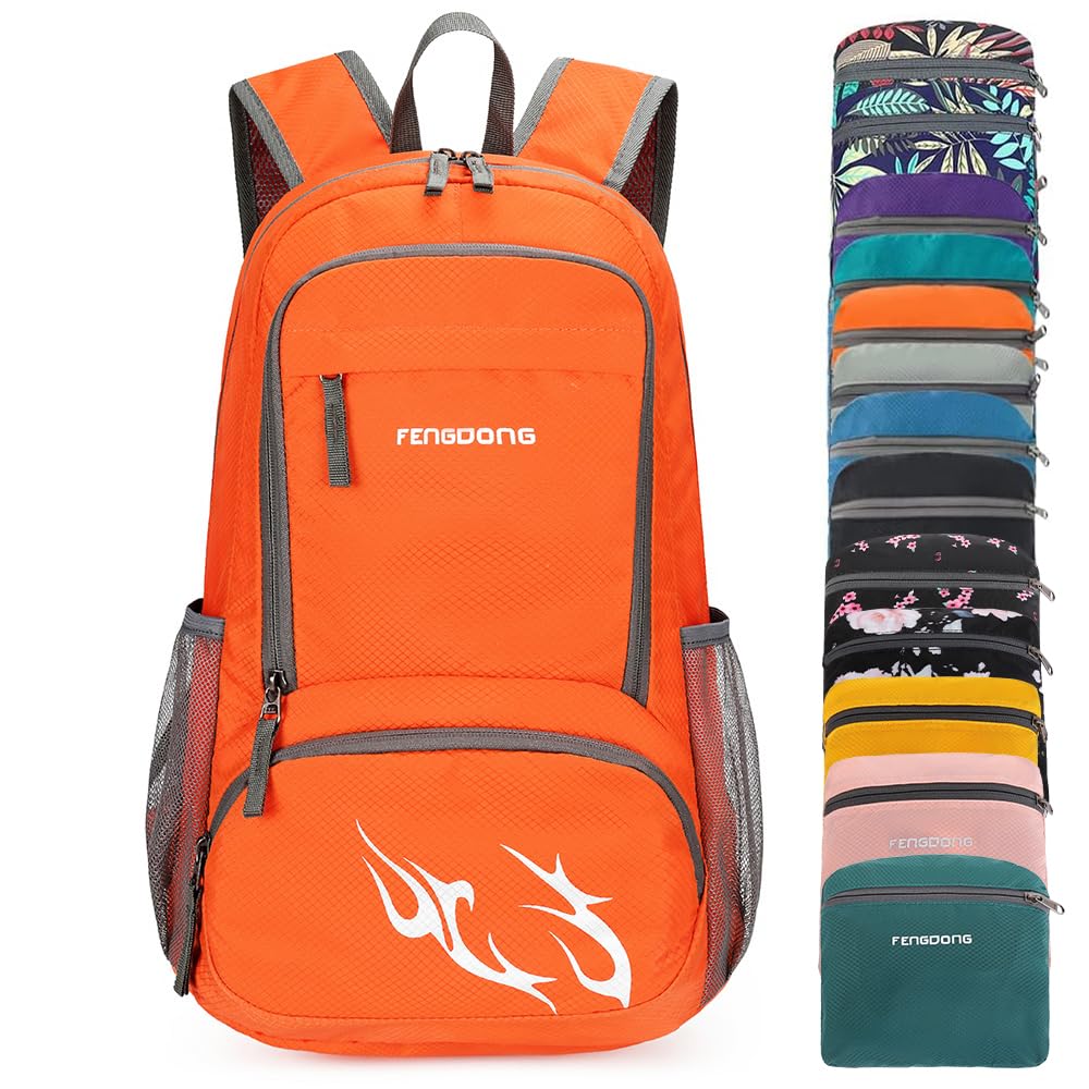FENGDONG 35L backpack folded-compact-orange for easy travel storage