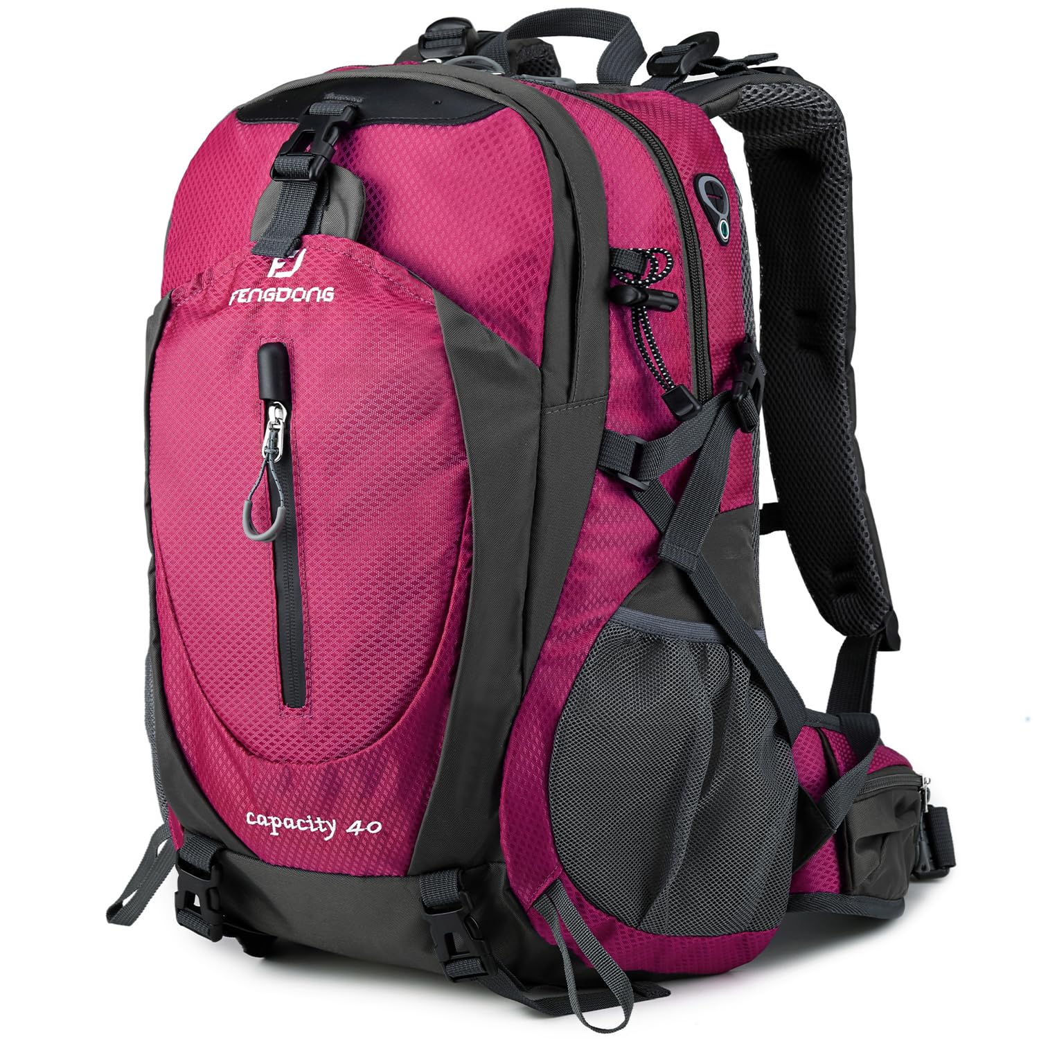 FENGDONG 40L backpack front view highlights waterproof exterior for outdoor adventures.