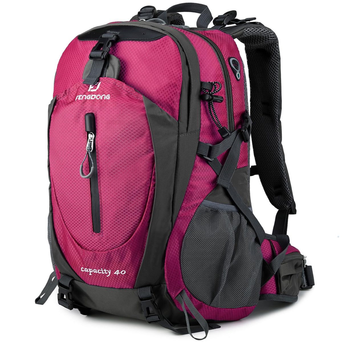 FENGDONG 40L backpack front view highlights waterproof exterior for outdoor adventures.