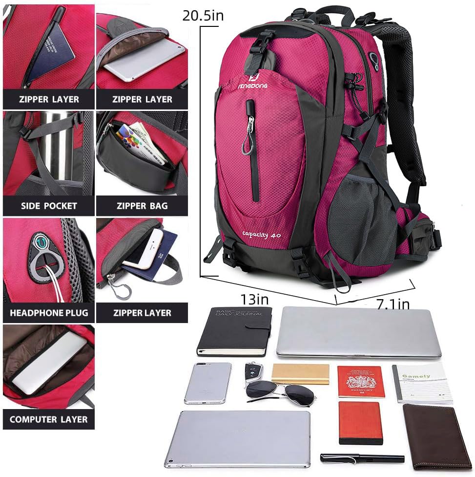 FENGDONG 40L interior compartments help organize gear for hiking and travel.