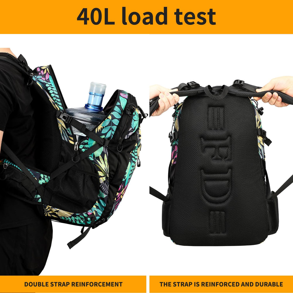 FENGDONG 40L daypack side pocket detail demonstrating quick-access gear