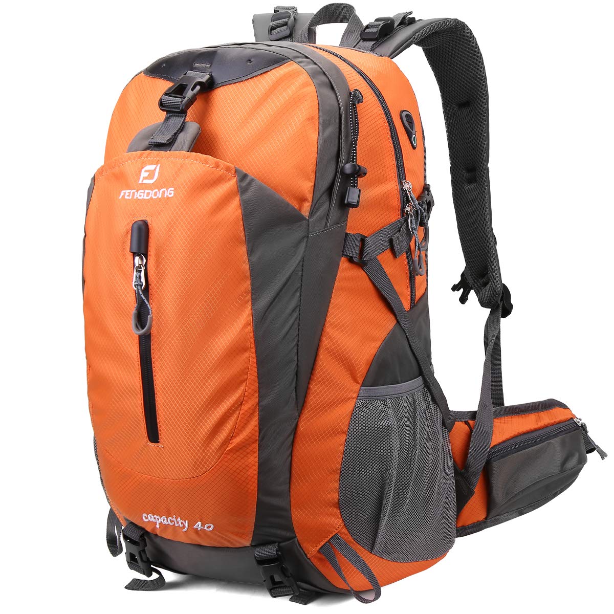 FENGDONG daypack front view shows rugged orange exterior for outdoor use
