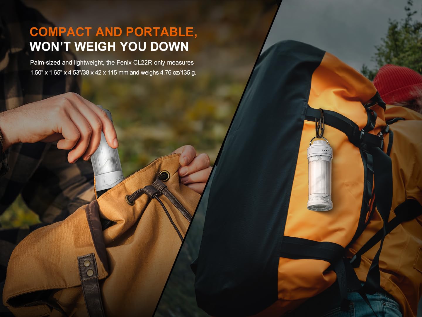 Fenix CL22R IP65 waterproof and impact-resistant design for rugged outdoors.