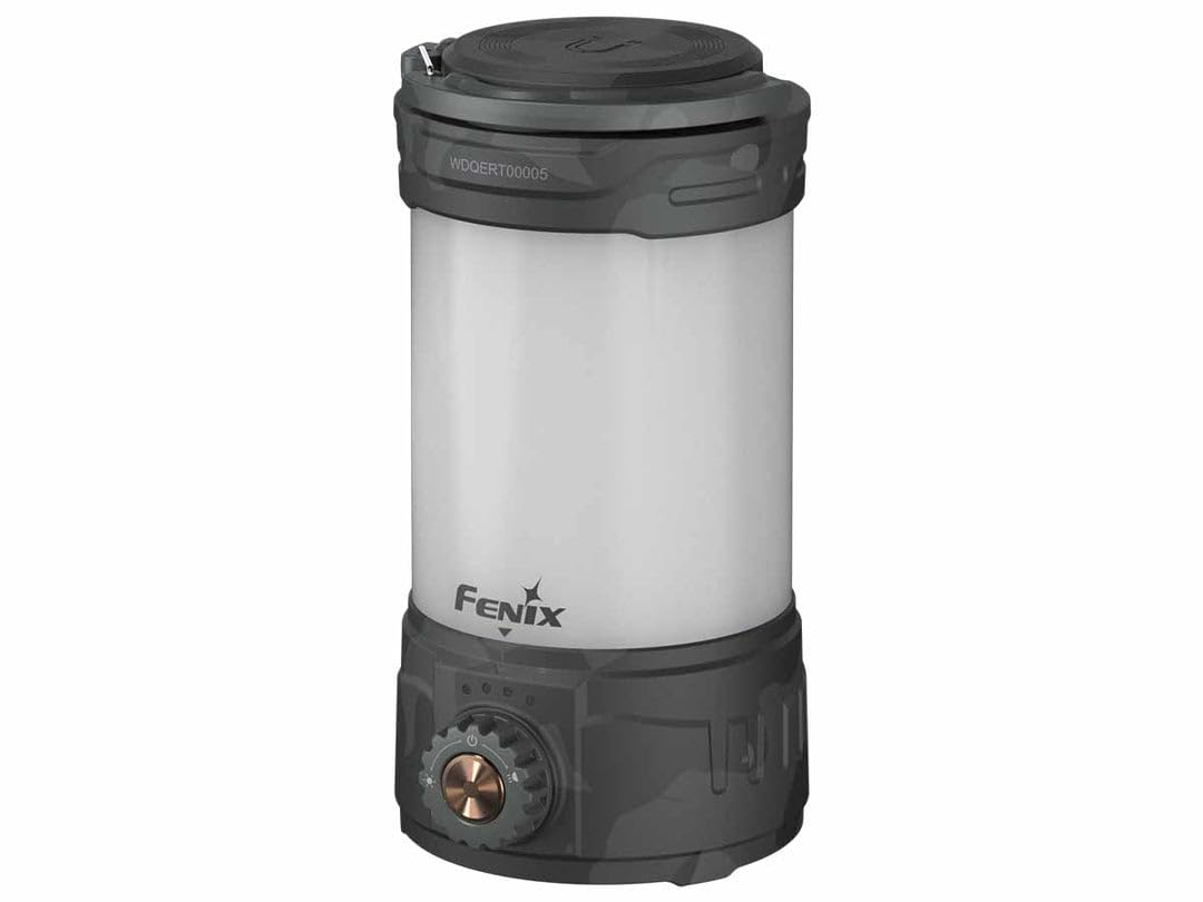 Fenix CL26R Pro lantern in grey camo lighting a campsite at night