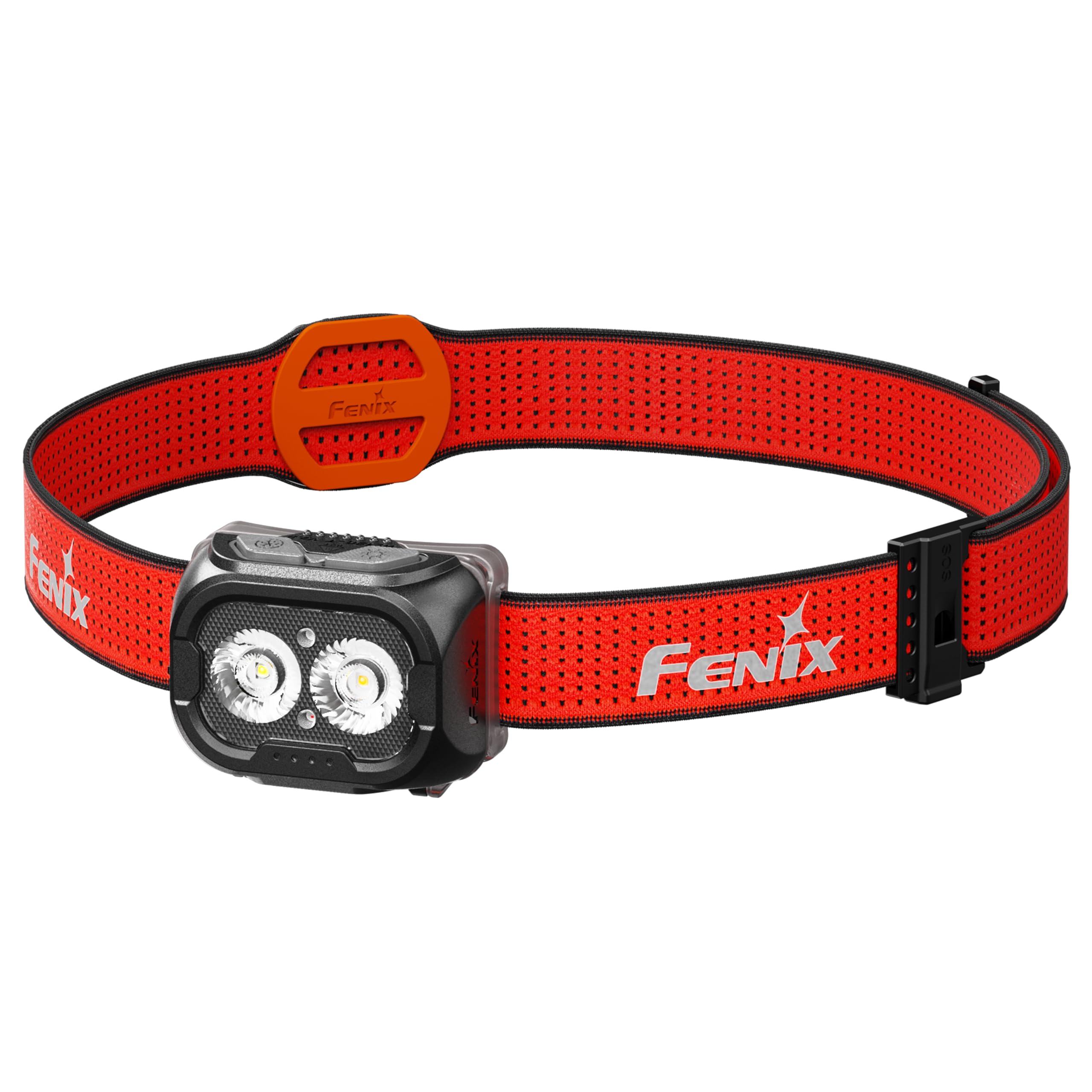 Fenix HL18R-T headlamp front view showing bright white beam for trail visibility