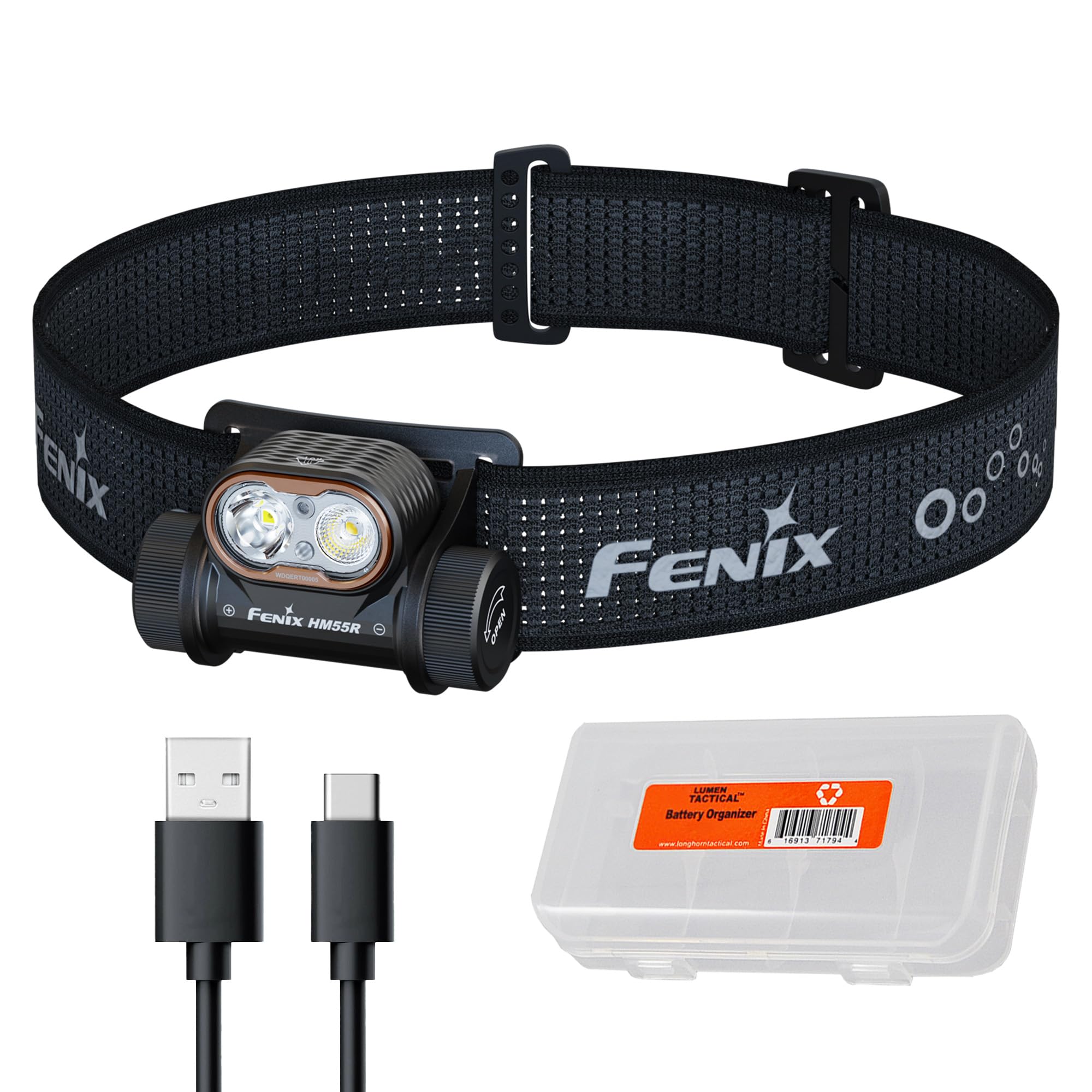 Fenix HM55R headlamp 1200-lumen beam for long-range visibility.